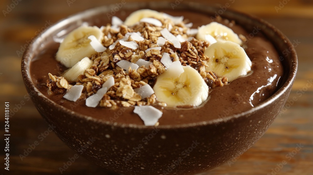 vegan smoothie bowl with blended acai, almond milk, and topped with granola, coconut flakes, and sliced banana for a refreshing snack vegan smoothie bowl with blended acai, almond milk, and topped with granola, coconut flakes, and sliced banana for a refreshing snack