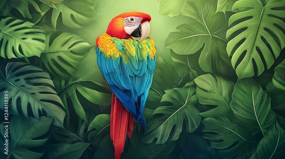 Fototapeta premium Colorful macaw parrot in the jungle. macaw parrot with colorful plumage and a long tail sitting on the tree branch. colorful parrot in the rain forest, wildlife and nature concept