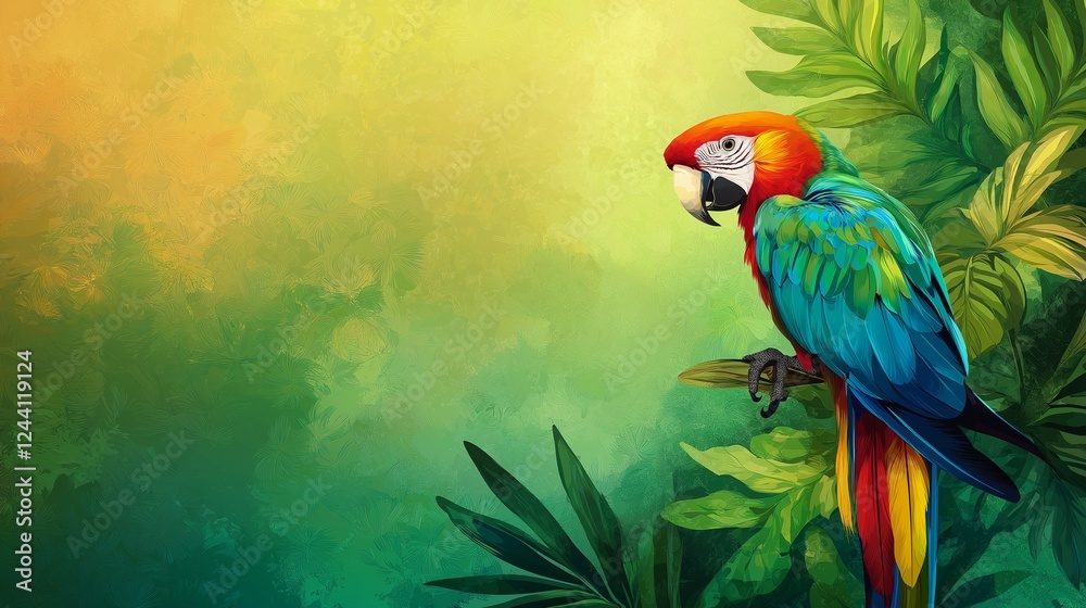 Fototapeta premium Colorful macaw parrot in the jungle. macaw parrot with colorful plumage and a long tail sitting on the tree branch. colorful parrot in the rain forest, wildlife and nature concept
