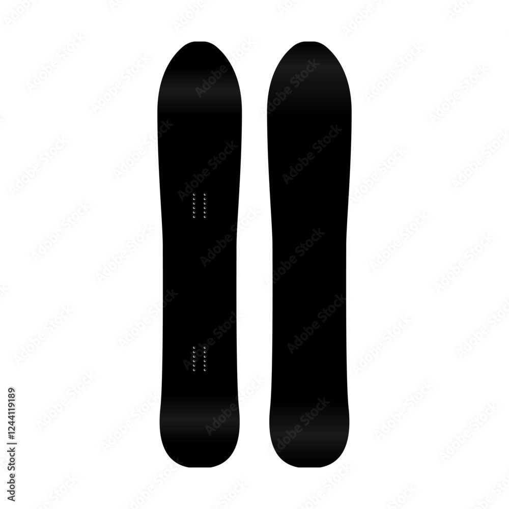 Isolated freeride snowboard board template vector blank design. Black snowboard deck illustration, realistic mockup for brand advertising and promotion. Extreme snowboarding sport concept Isolated freeride snowboard board template vector blank design. Black snowboard deck illustration, realistic mockup for brand advertising and promotion. Extreme snowboarding sport concept