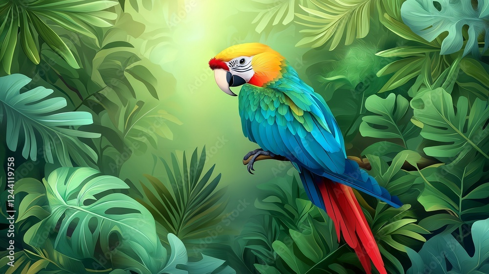 custom made wallpaper toronto digitalColorful macaw parrot in the jungle. macaw parrot with colorful plumage and a long tail sitting on the tree branch. colorful parrot in the rain forest, wildlife and nature concept