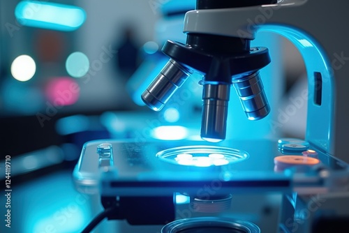 A Close-Up View of a Scientific Microscope in a Laboratory Setting, Illuminated by Blue Light, Demonstrating Advanced Microanalysis Techniques photo