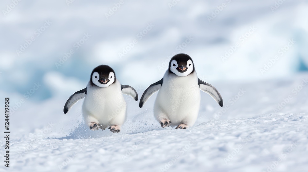 Obraz premium Penguin joyfully sliding down a snowy slope while another penguin waddles behind at a winter wonderland