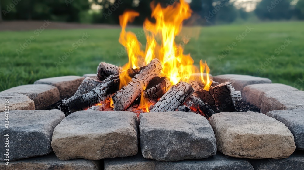 Closeup view of vibrant flames dancing above logs in a cozy outdoor fire pit during sunset Closeup view of vibrant flames dancing above logs in a cozy outdoor fire pit during sunset