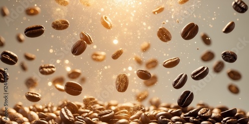 Coffee beans floating above ground with dust particles illuminated by warm light. photo