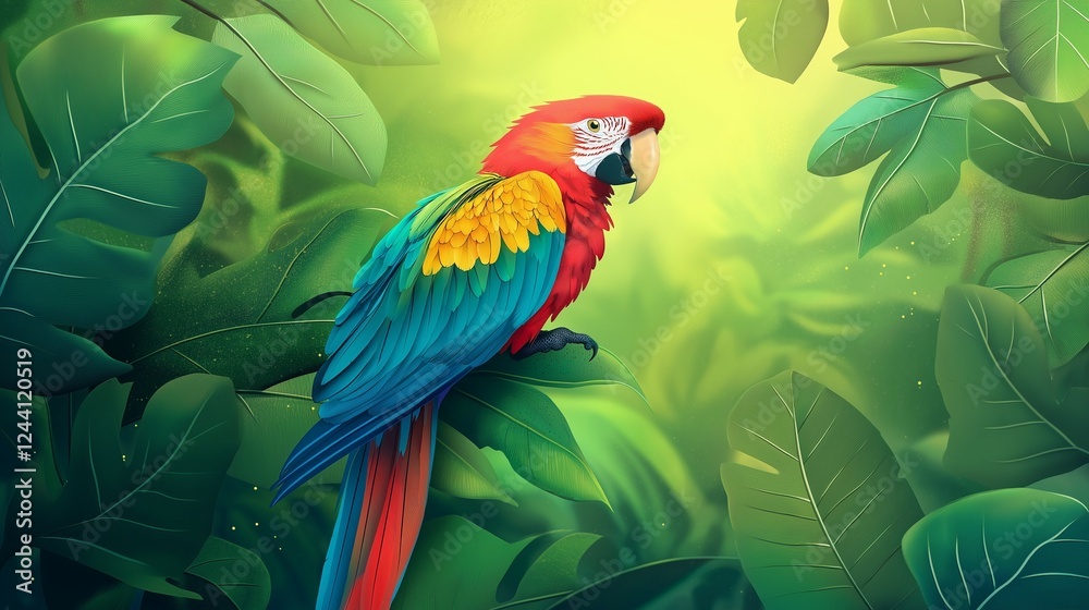 Obraz premium Colorful macaw parrot in the jungle. macaw parrot with colorful plumage and a long tail sitting on the tree branch. colorful parrot in the rain forest, wildlife and nature concept
