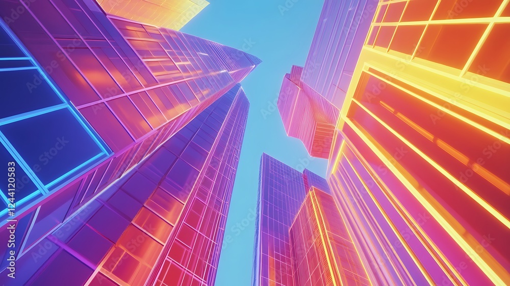 Fototapeta premium Vibrant Skyscrapers Reaching Towards A Clear Sky