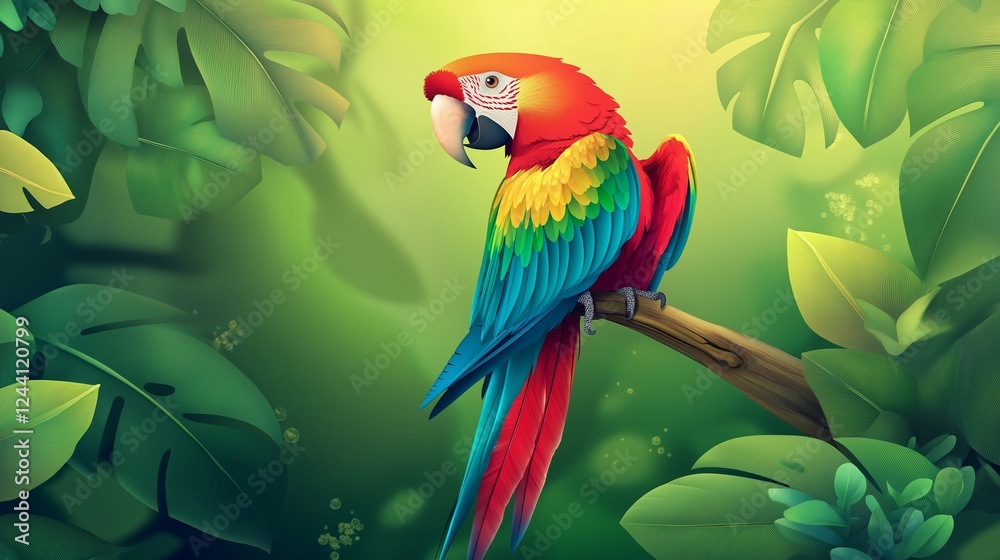 Obraz premium Colorful macaw parrot in the jungle. macaw parrot with colorful plumage and a long tail sitting on the tree branch. colorful parrot in the rain forest, wildlife and nature concept