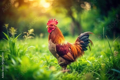 Vintage poultry farming image: a robust brown rooster grazes in lush green fields.