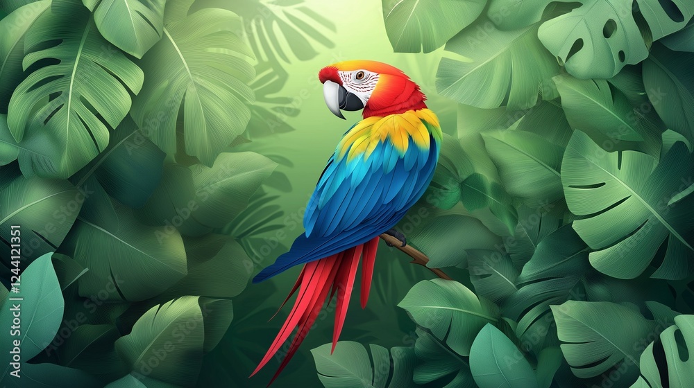 Obraz premium Colorful macaw parrot in the jungle. macaw parrot with colorful plumage and a long tail sitting on the tree branch. colorful parrot in the rain forest, wildlife and nature concept