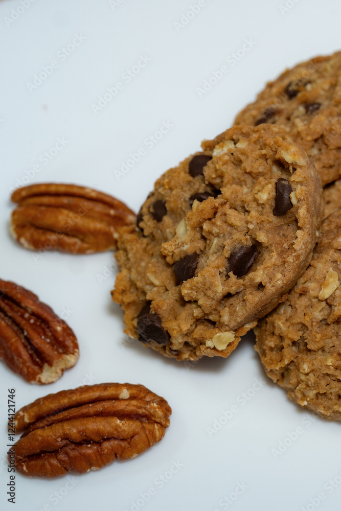chocolate chip cookies with pecan on white background chocolate chip cookies with pecan on white background