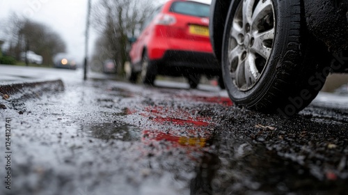Wallpaper Mural Rainy day, street puddle, car tire, urban background, road texture Torontodigital.ca