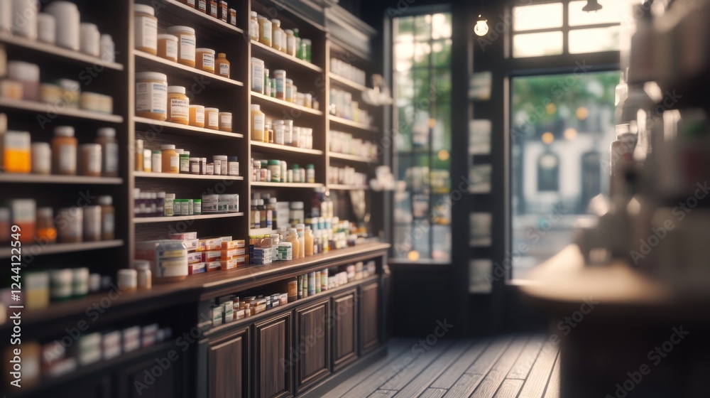 Vintage apothecary shop interior, sunny street view