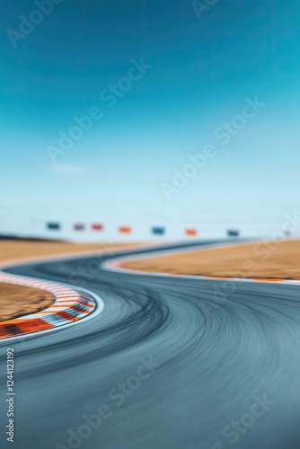 wide-angle shot of karting track winding through open field with banners and flags waving