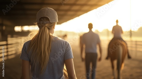 Individuals engaging in equine therapy session during sunset in a riding arena
