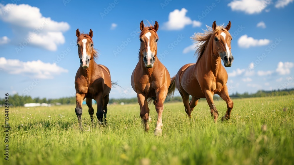 Equine therapy session with horses running freely in a sunny meadow Equine therapy session with horses running freely in a sunny meadow