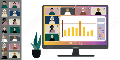 Video call conference, working from home. Colleagues of different nationalities and ages talk to each other on computer screen. Isolated illustration on white background in flat style trendy colors
