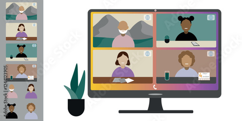 Video call conference, working from home. Colleagues of different nationalities and ages talk to each other on computer screen. Isolated illustration on white background in flat style trendy colors