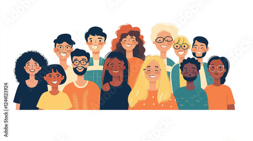 Illustration of a diverse group of smiling people standing together. Multicultural men and women of different ages and ethnicities, expressing happiness and unity. 