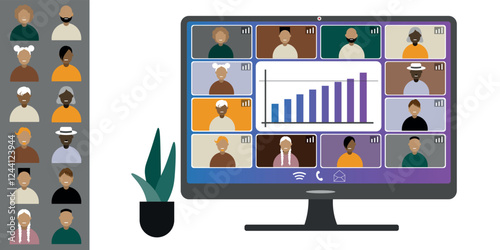 Video call conference, working from home. Colleagues of different nationalities and ages talk to each other on computer screen. Isolated illustration on white background in flat style trendy colors