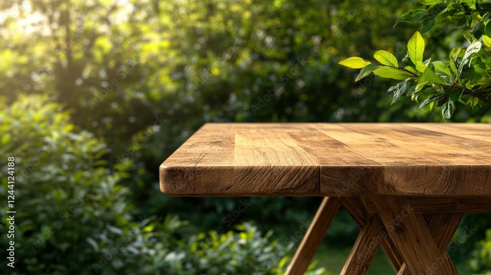 Fototapeta premium Wooden table with a potted plant placed on top in a bright indoor setting