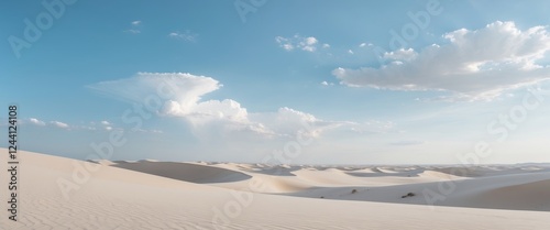 Expansive desert landscape with rolling sand dunes under a clear blue sky and soft clouds photo