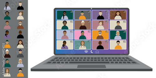 Video call conference, working from home. Colleagues of different nationalities and ages talk to each other on the laptop screen. Isolated illustration on white background in flat style trendy colors