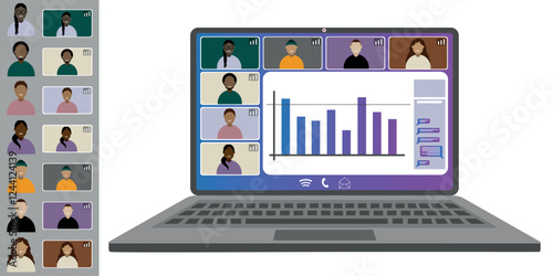 Video call conference, working from home. Colleagues of different nationalities and ages talk to each other on the laptop screen. Isolated illustration on white background in flat style trendy colors