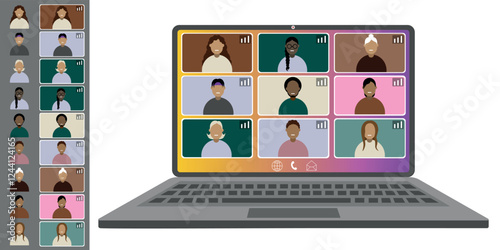 Video call conference, working from home. Colleagues of different nationalities and ages talk to each other on the laptop screen. Isolated illustration on white background in flat style trendy colors