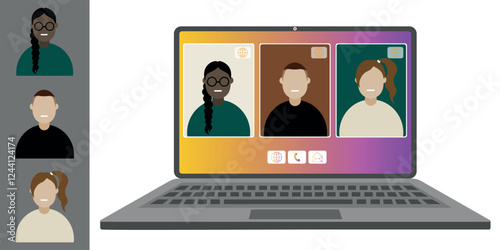 Video call conference, working from home. Colleagues of different nationalities and ages talk to each other on the laptop screen. Isolated illustration on white background in flat style trendy colors