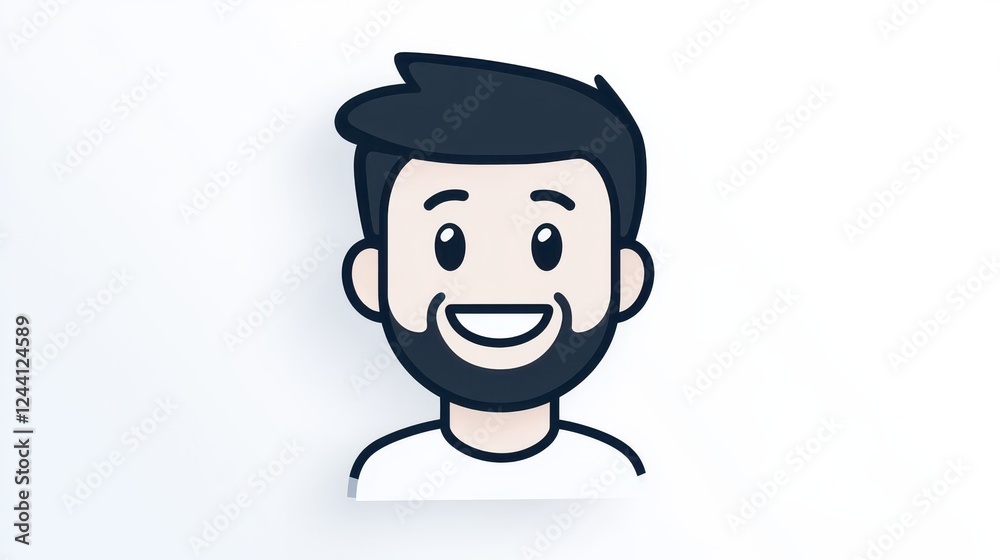 Engaging flat design avatar icon featuring a smiling young man with dark hair and a beard Engaging flat design avatar icon featuring a smiling young man with dark hair and a beard