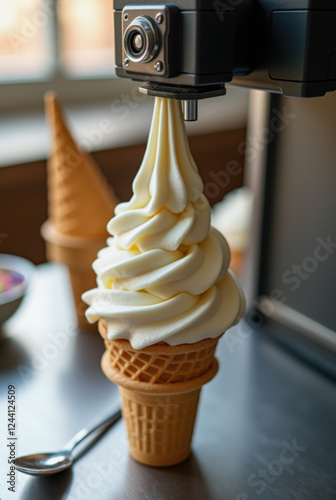 Creamy soft serve ice cream swirls elegantly into a cone at a dessert shop. Various toppings await in bowls nearby, adding excitement to the treat