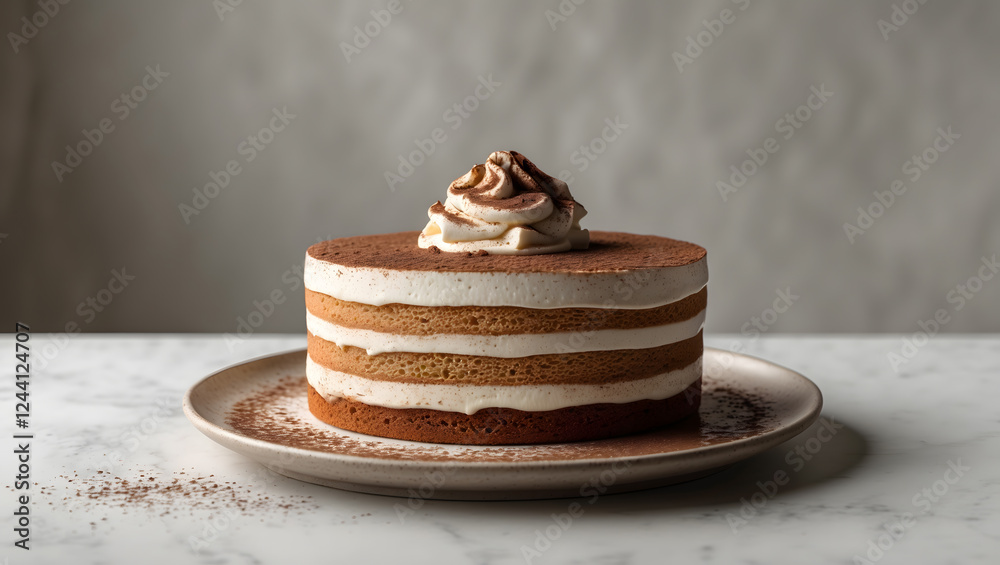 Layered tiramisu cake with cocoa powder for food blogs, recipe books, restaurant menus, and social media posts. Delicious dessert photography Layered tiramisu cake with cocoa powder for food blogs, recipe books, restaurant menus, and social media posts. Delicious dessert photography