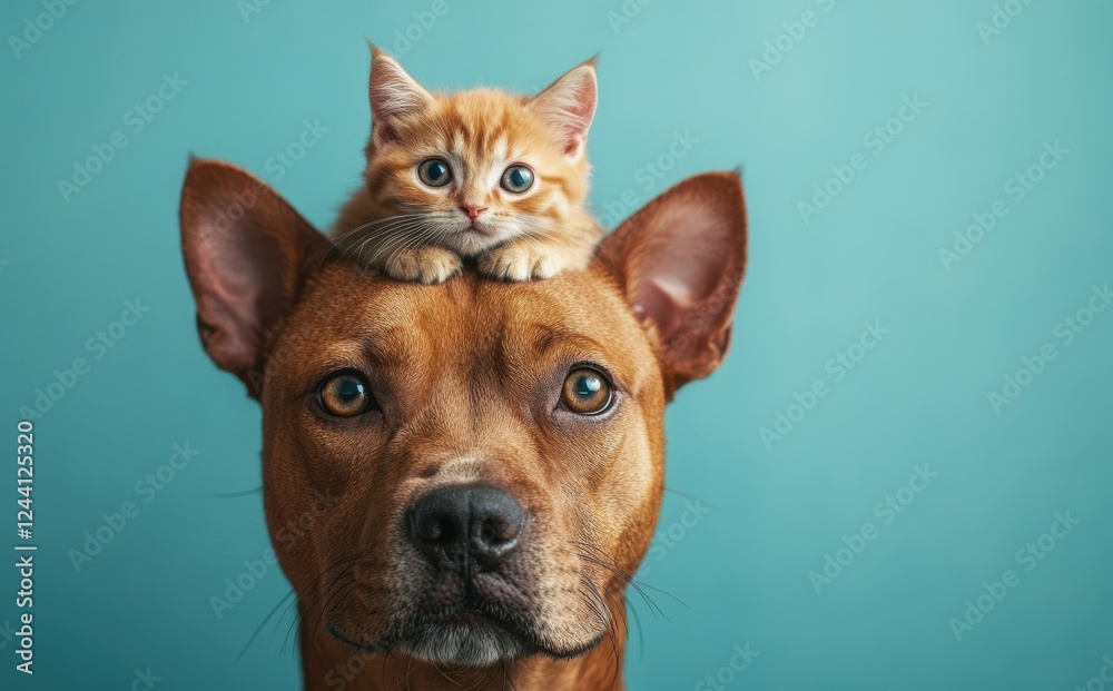 Obraz premium Cute Dog with a Playful Kitten Sitting on Its Head Against a Bright Blue Background, Perfect for Pet Lovers and Animal Enthusiasts