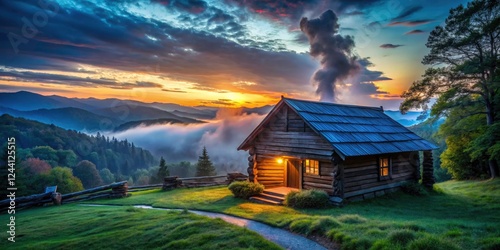 Virginia's Blue Ridge Parkway: Photograph Puckett Cabin's misty allure.  Scenic retreat photography awaits. photo