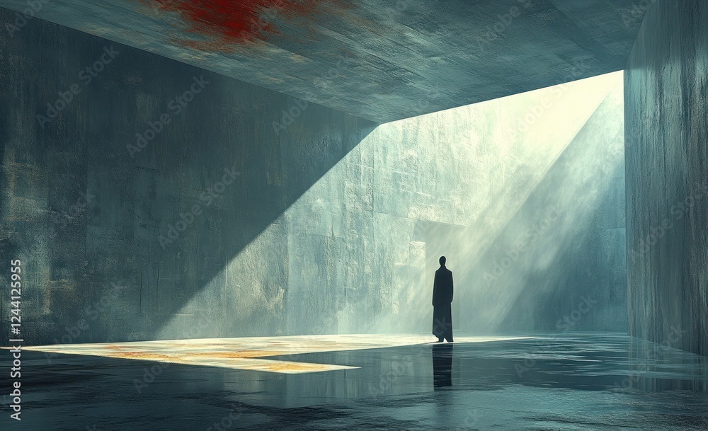 Solitary Man Standing in Vast Empty Space by Precipice with Dramatic Sunlight and Deep Shadows Solitary Man Standing in Vast Empty Space by Precipice with Dramatic Sunlight and Deep Shadows