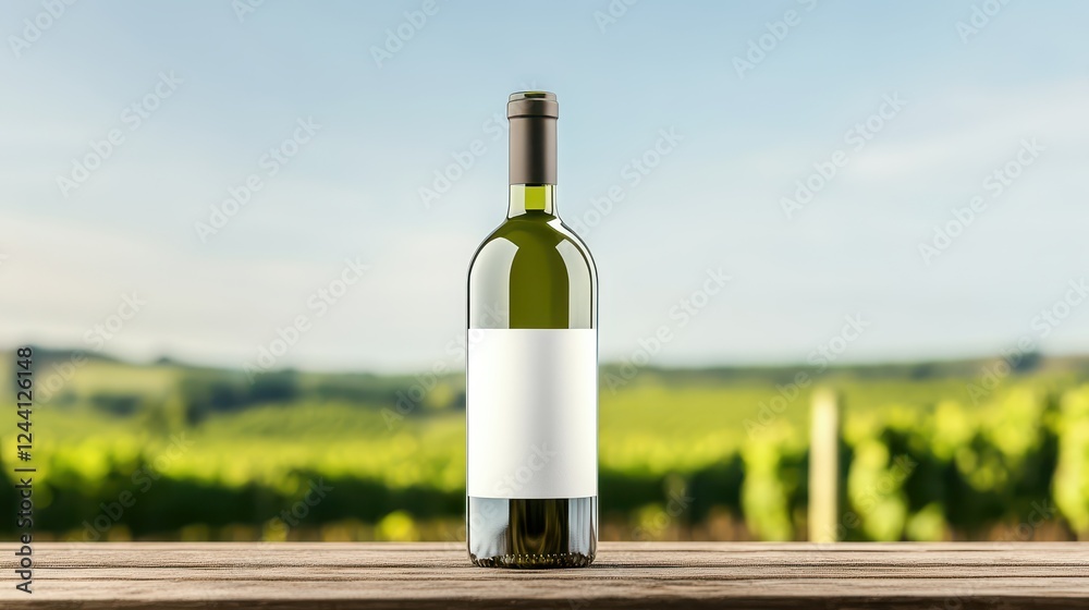Fototapeta premium Mock up of a wine bottle with blank label set in a vineyard during daylight, highlighting the natural scenery and rustic charm