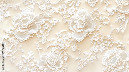 A delicate lace pattern with intricate details in white and ivory, perfect for wedding invitations, bridal fashion, or vintage-inspired designs with a touch of elegance.