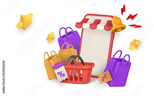 3d online shop. Smartphone with shopping bags and basket. Modern online shopping, application for smartphone. Vector illustration