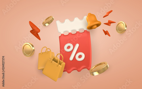 Online shopping banner. Shopping gift bags, discount coupon, money. Special offer promotion. Vector illustration