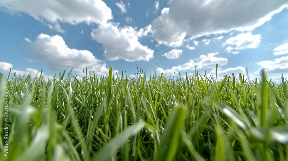 Fototapeta premium Low-angle view of green grass under a bright, cloudy sky