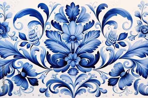 Blue floral ornament. Russia Gzhel porcelain pattern, watercolor style. Design template for decoration, background or tile photo