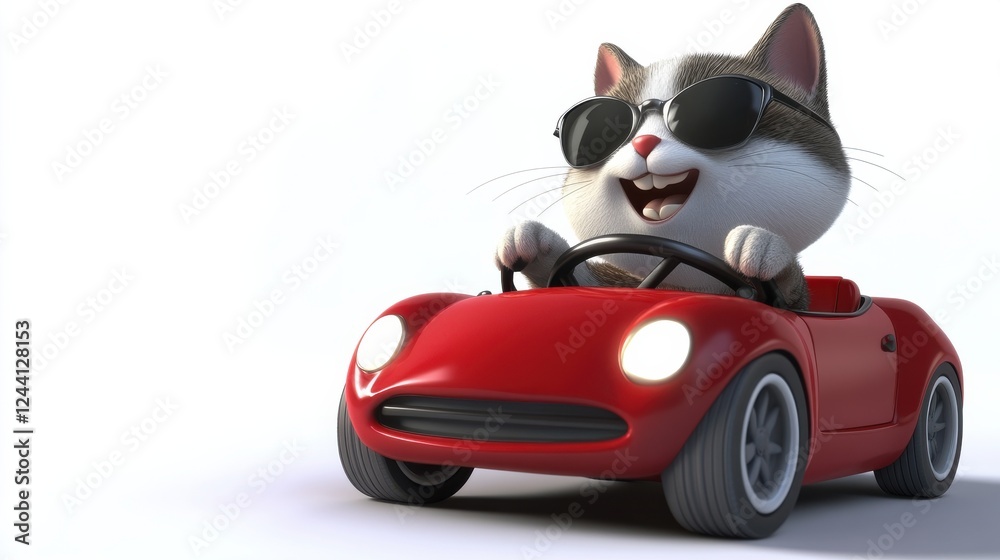 Cute Cat Driving a Red Sports Car with Sunglasses and Happy Smile Cute Cat Driving a Red Sports Car with Sunglasses and Happy Smile