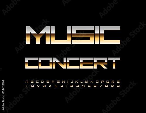 Vector Stylish Sign Music Concert. Unique Gold Font. Luxury Cool Alphabet Letters and Numbers set.