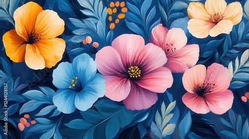 Vibrant hibiscus blossoms in pink, blue, orange hues popping against deep blue green leaves, creating dramatic botanical composition with bold color contrast