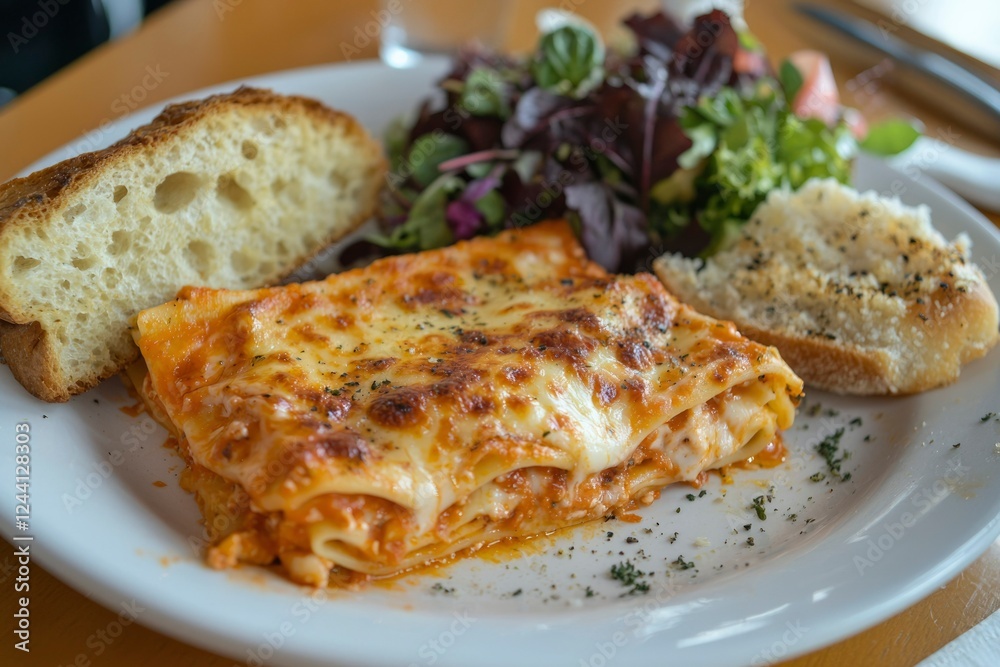 Delicious Lasagna Served with Bread and Salad Delicious Lasagna Served with Bread and Salad
