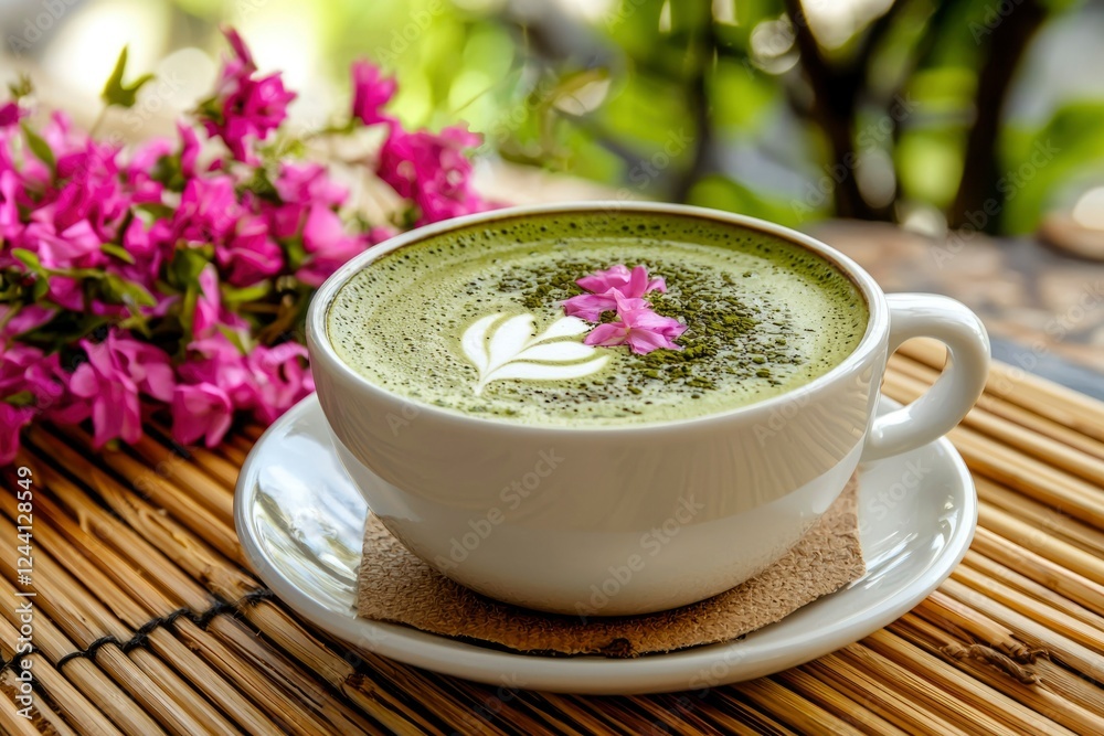 Matcha Latte with Flower Garnish on Bamboo Mat Matcha Latte with Flower Garnish on Bamboo Mat