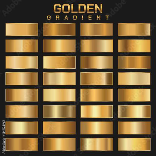 Collection of golden metallic gradient. Brilliant plates with gold effect. Vector illustration