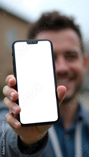 Chico en el patio del colegio con un teléfono móvil en la mano. Pantalla en blanco del móvil y en primer plano. Mockup