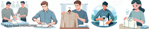 vector set of young people folding clothes